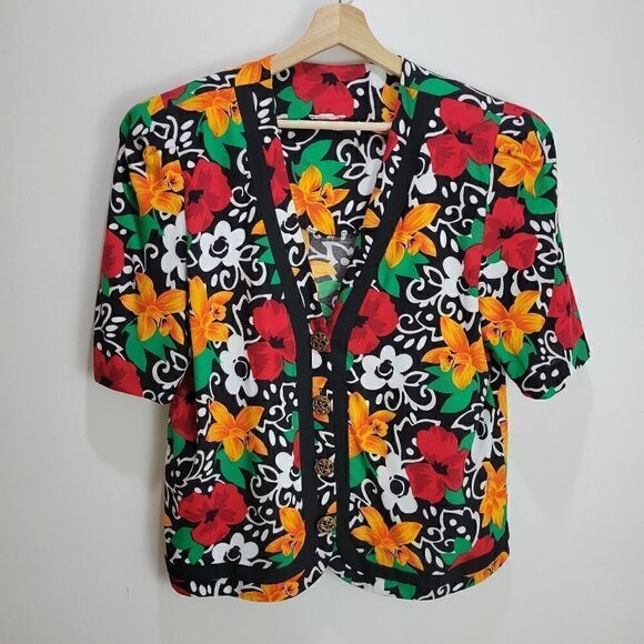 VintageāBoldāDaffodilsĀ andāPoppiesāButtonedāBlouse - Picture 4 of 11